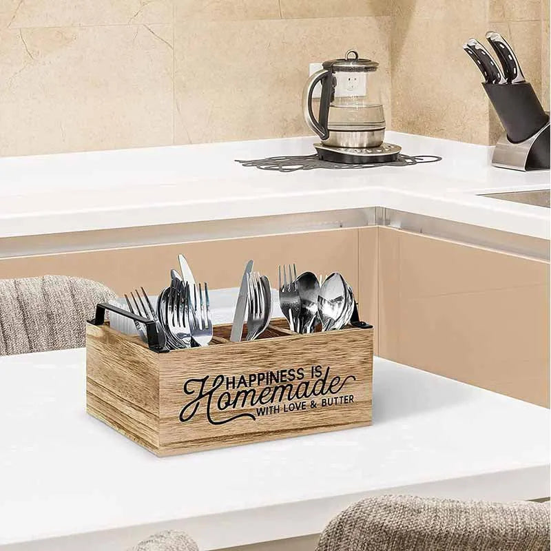 Wooden kitchen tableware storage box with grid organisation compartments