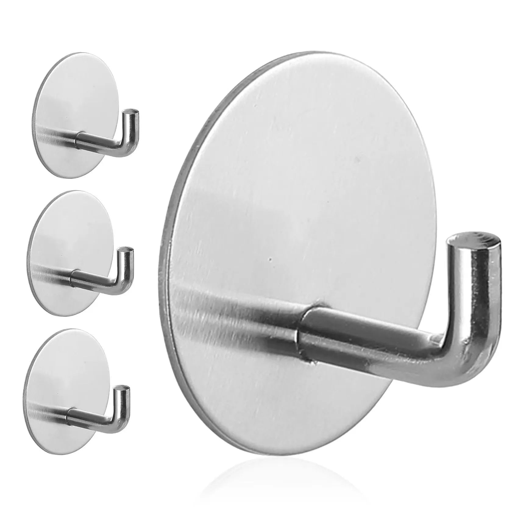 Two round stainless steel self-adhesive wall hooks, one black and one polished, on a white background.
