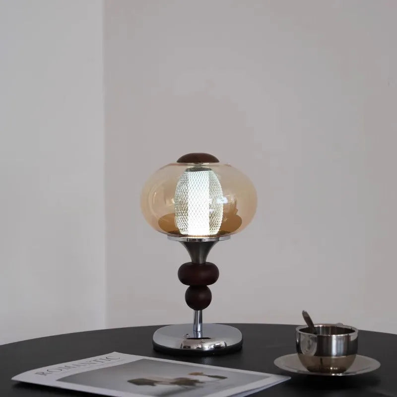Solid wood retro palace-style table lamp with touch control panel showing three lighting colour options
