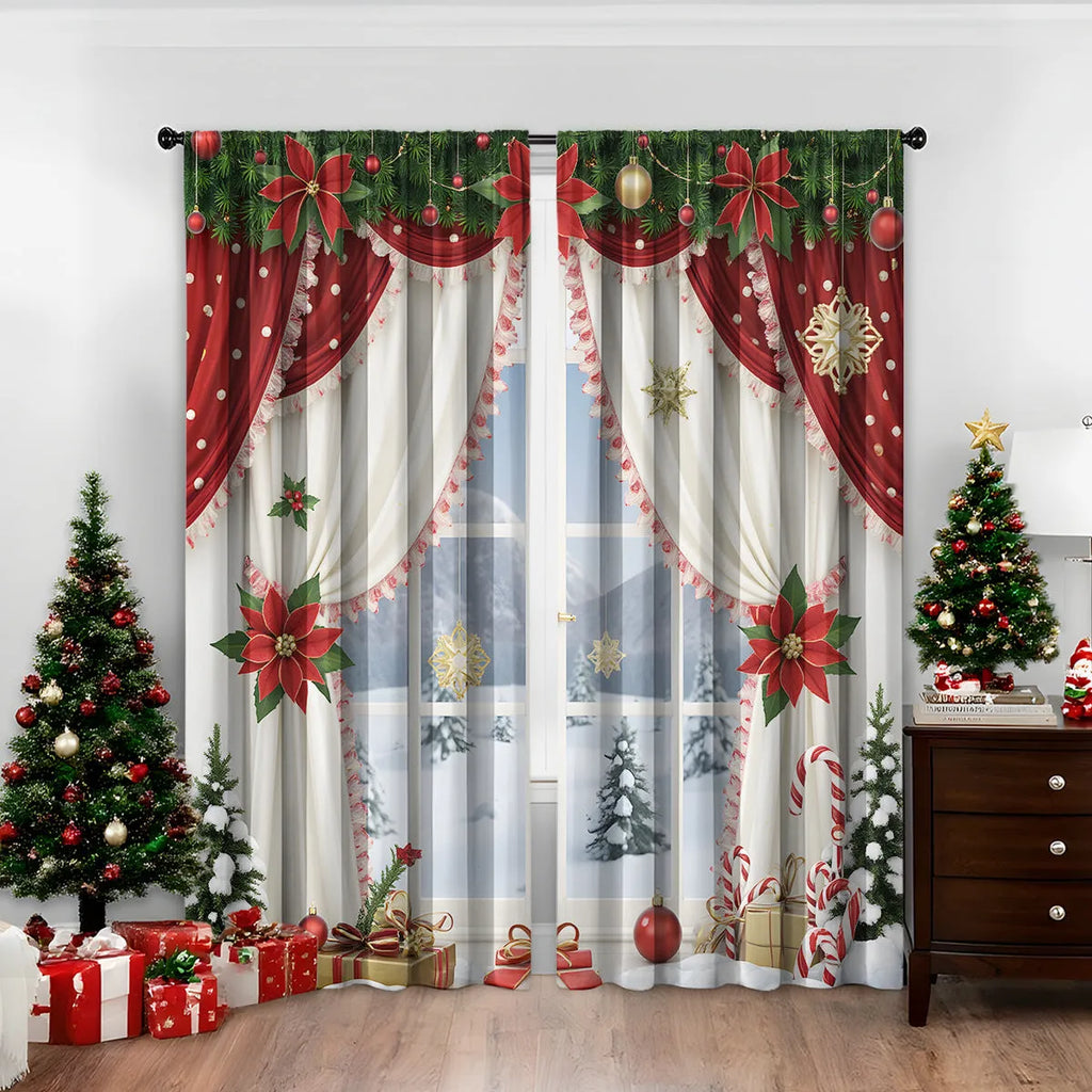 A pair of 3D digitally printed Christmas theme curtains hanging on a window, showcasing one of fifteen available European colour and pattern styles.