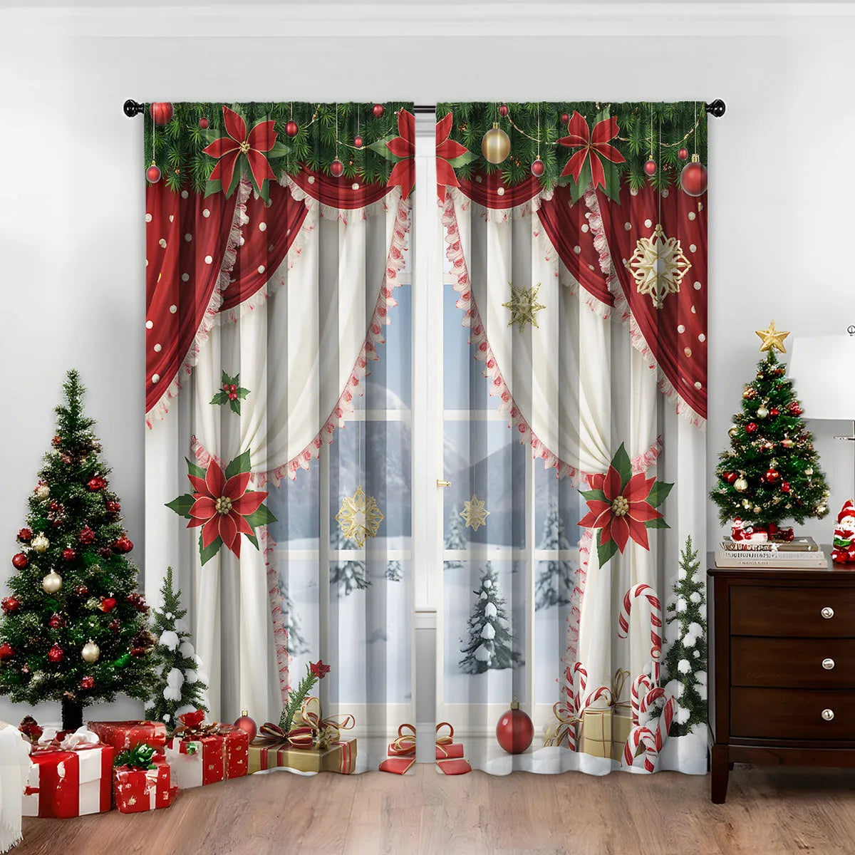 A pair of 3D digitally printed Christmas theme curtains hanging on a window, showcasing one of fifteen available European colour and pattern styles.