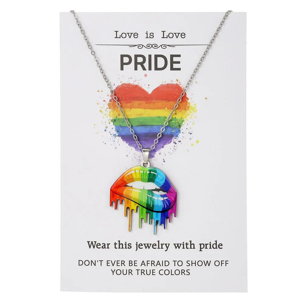 Stainless steel necklace and bracelet set with coloured inspirational printing on the pendants.