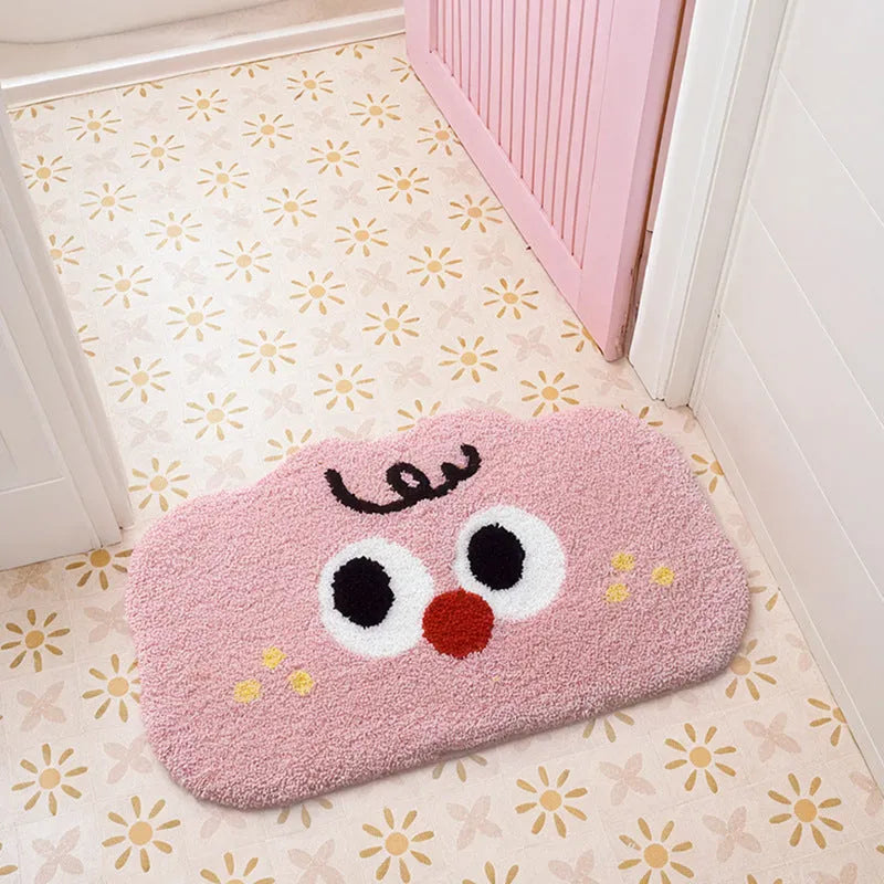 Cartoon anime clouds design bath mat in green, blue, pink, black, or white, available in three sizes.