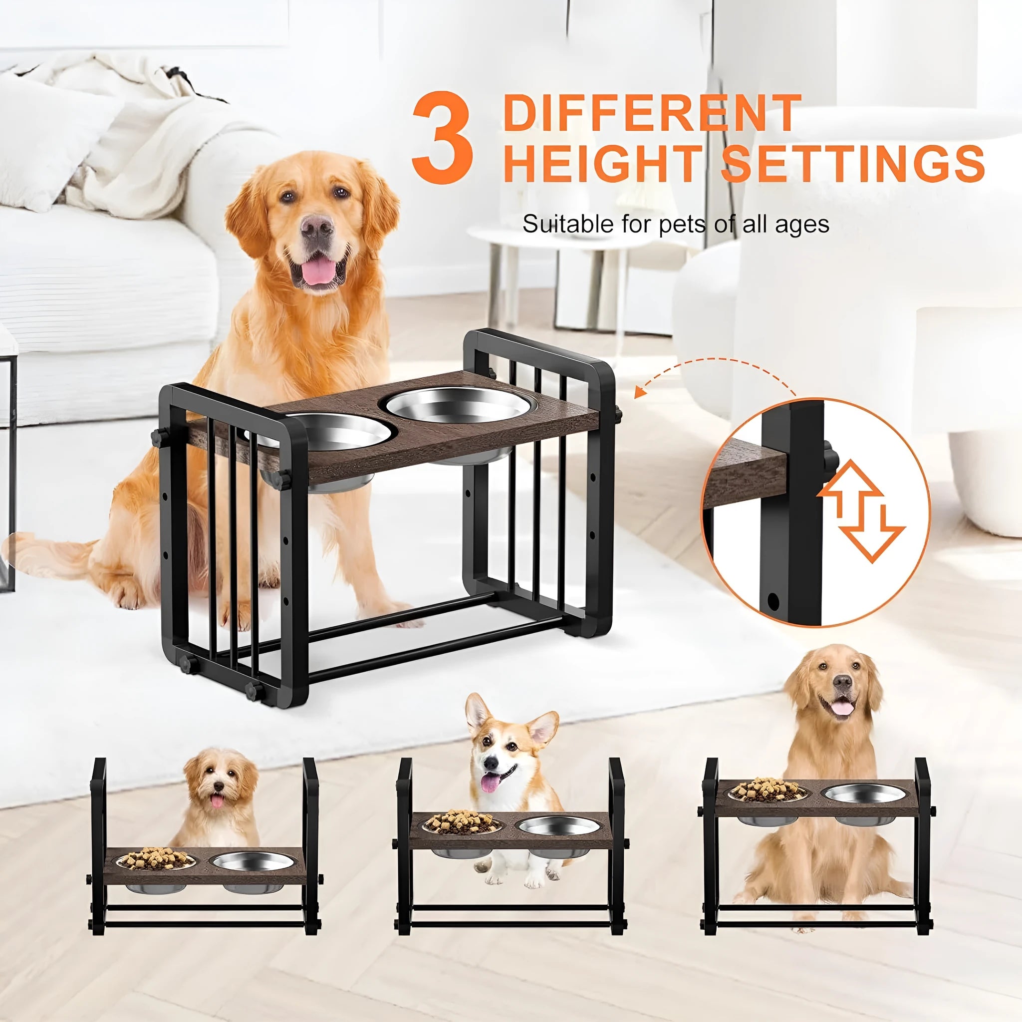 Black wooden dog bowl stand bracket measuring 37 by 23 centimetres on a floor.