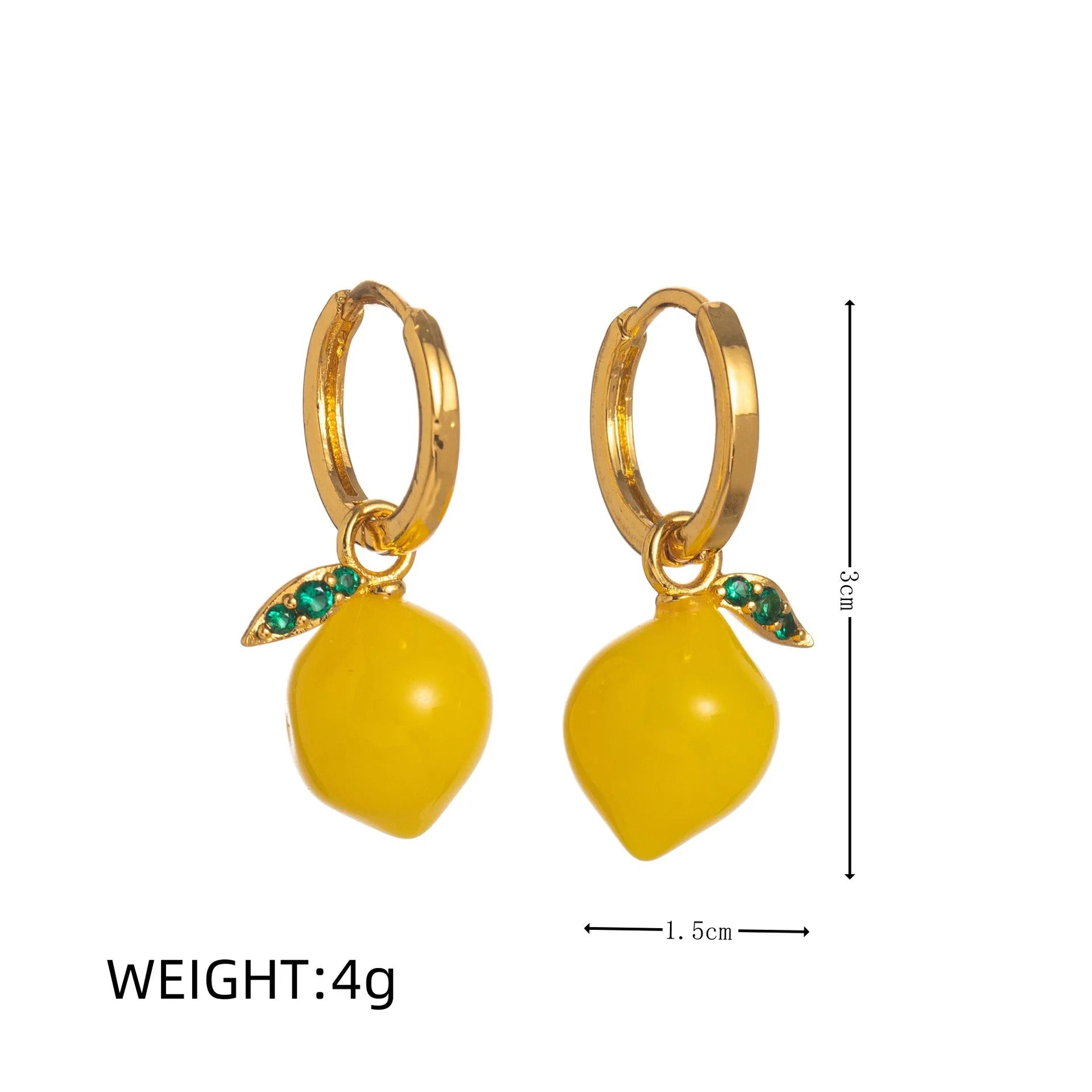 Gold plated fruit and vegetable design earrings showing carrot, orange and blueberry styles