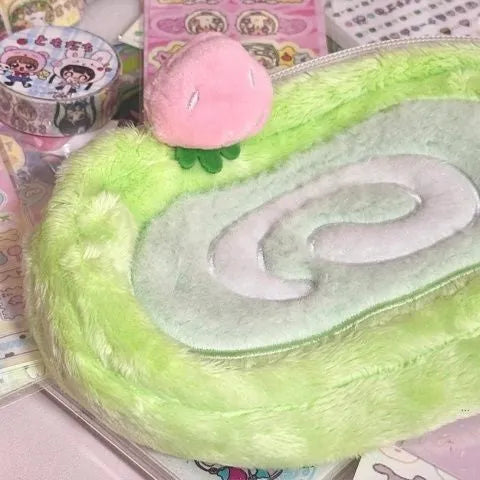 Swiss roll cake plush pencil box in velvet material with Korean style design for stationery storage