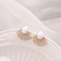 Retro fan-shaped geometric earrings with rhinestone detailing and electroplated silver finish