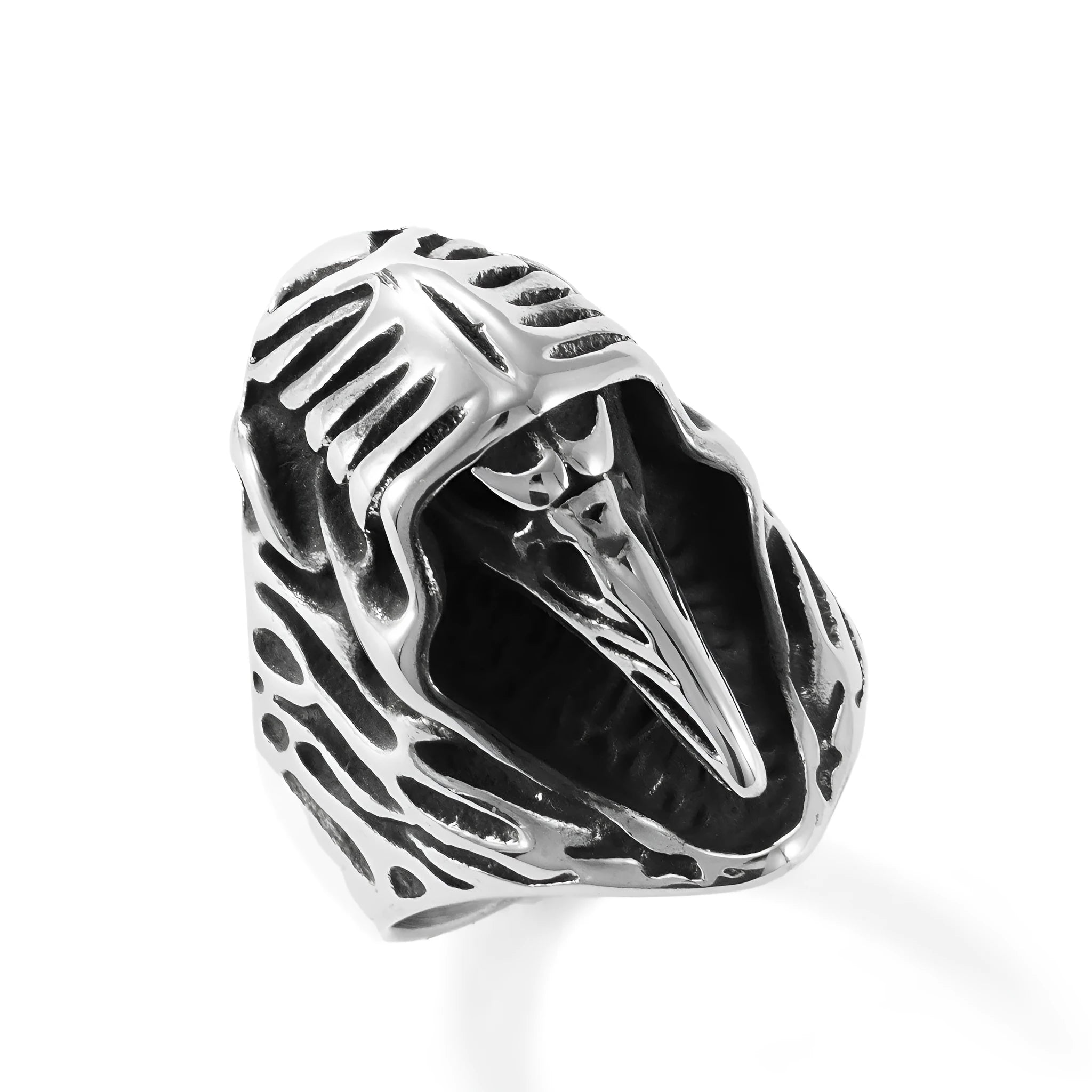Stainless steel crow punk ring with geometric design on grey background