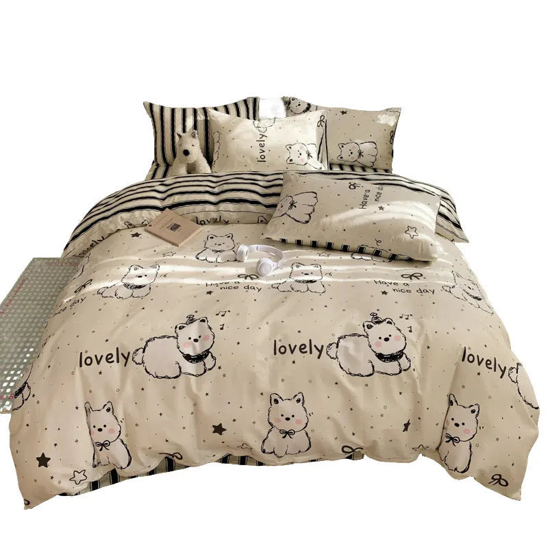 Cartoon dog pattern four-piece cotton bedding set showing multiple bed size options