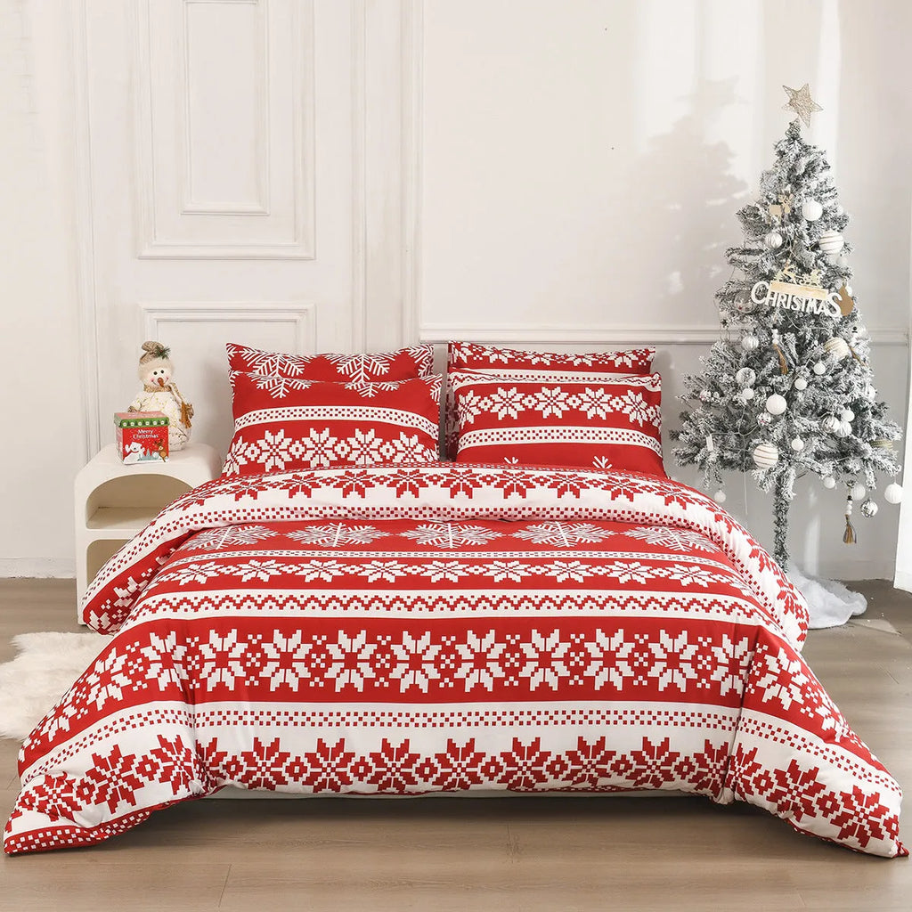 Winter Sleepers red Christmas pattern bed three-piece set with modern design on bed