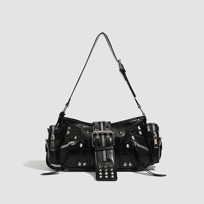 Black oil wax leather retro dumpling shape handbag with shoulder strap and organisational compartments