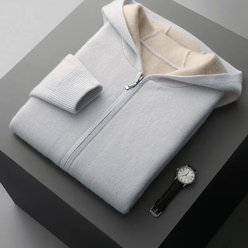 Men's dark blue cashmere half-high collar zipper cardigan sweater with thickened knit construction