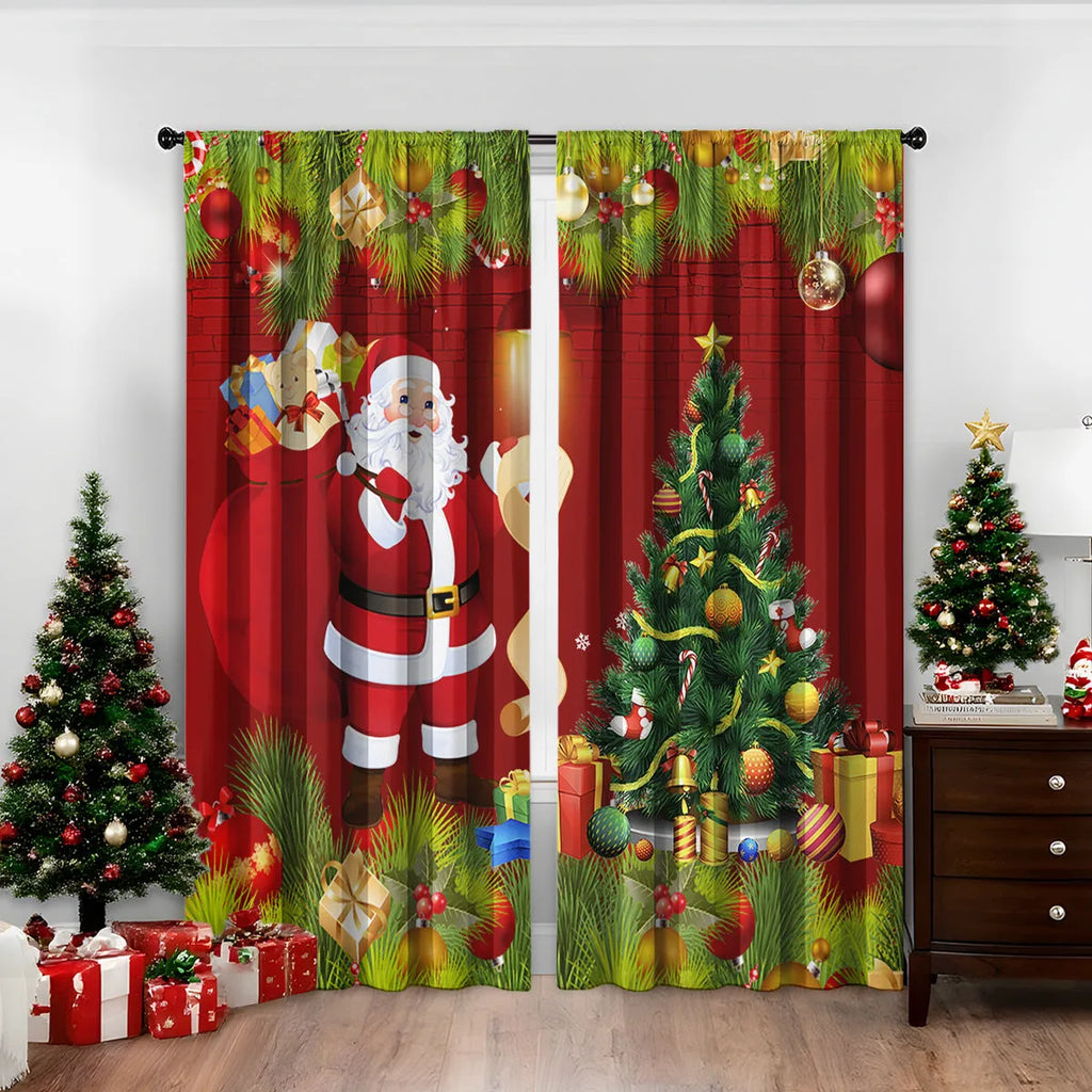 Pair of 3D digitally printed modern Christmas curtains hanging on a window.