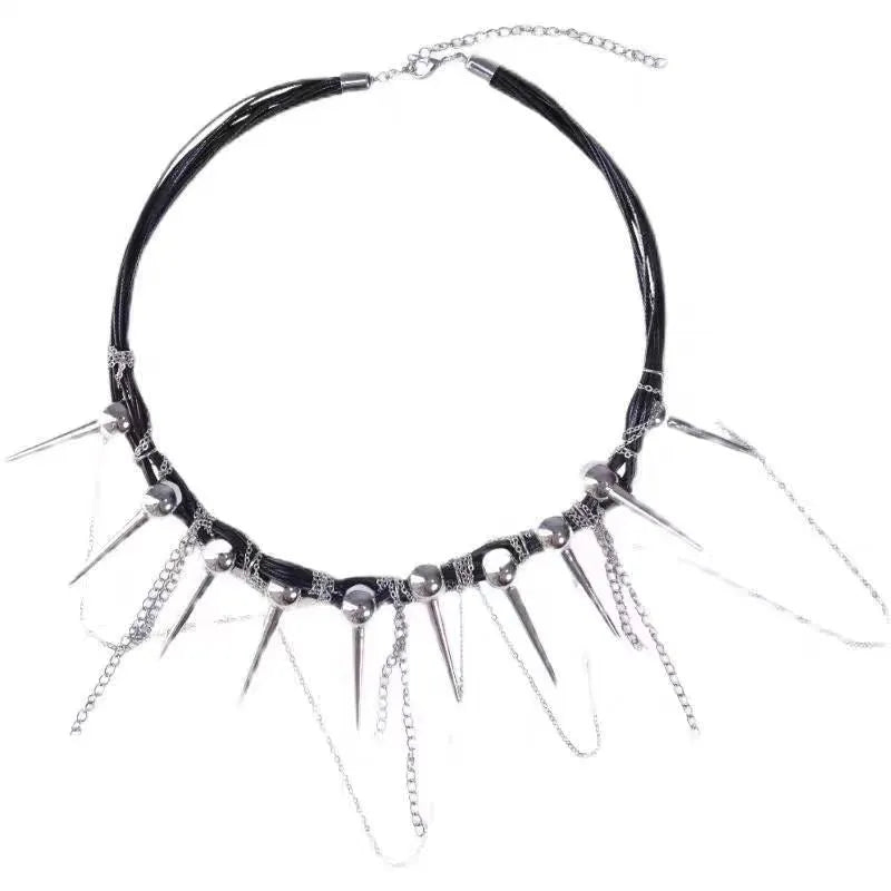 Women's leather necklace with winding tassel, round beads, and metal rivet details
