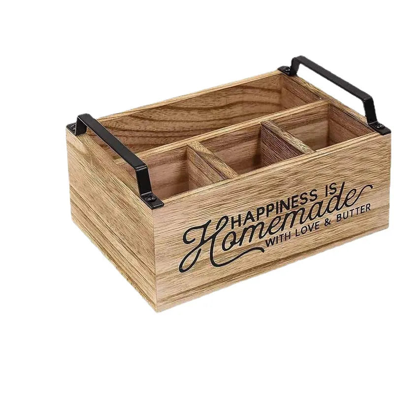 Wooden kitchen tableware storage box with grid organisation compartments