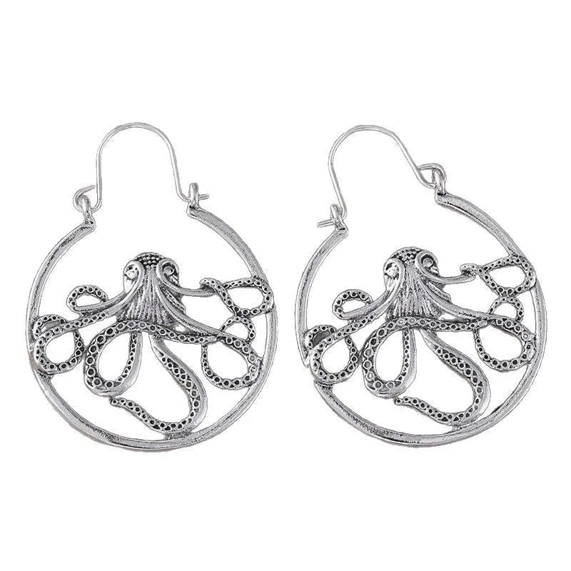 Vintage octopus earrings in antique silver finish, zinc alloy costume jewellery with animal zodiac design