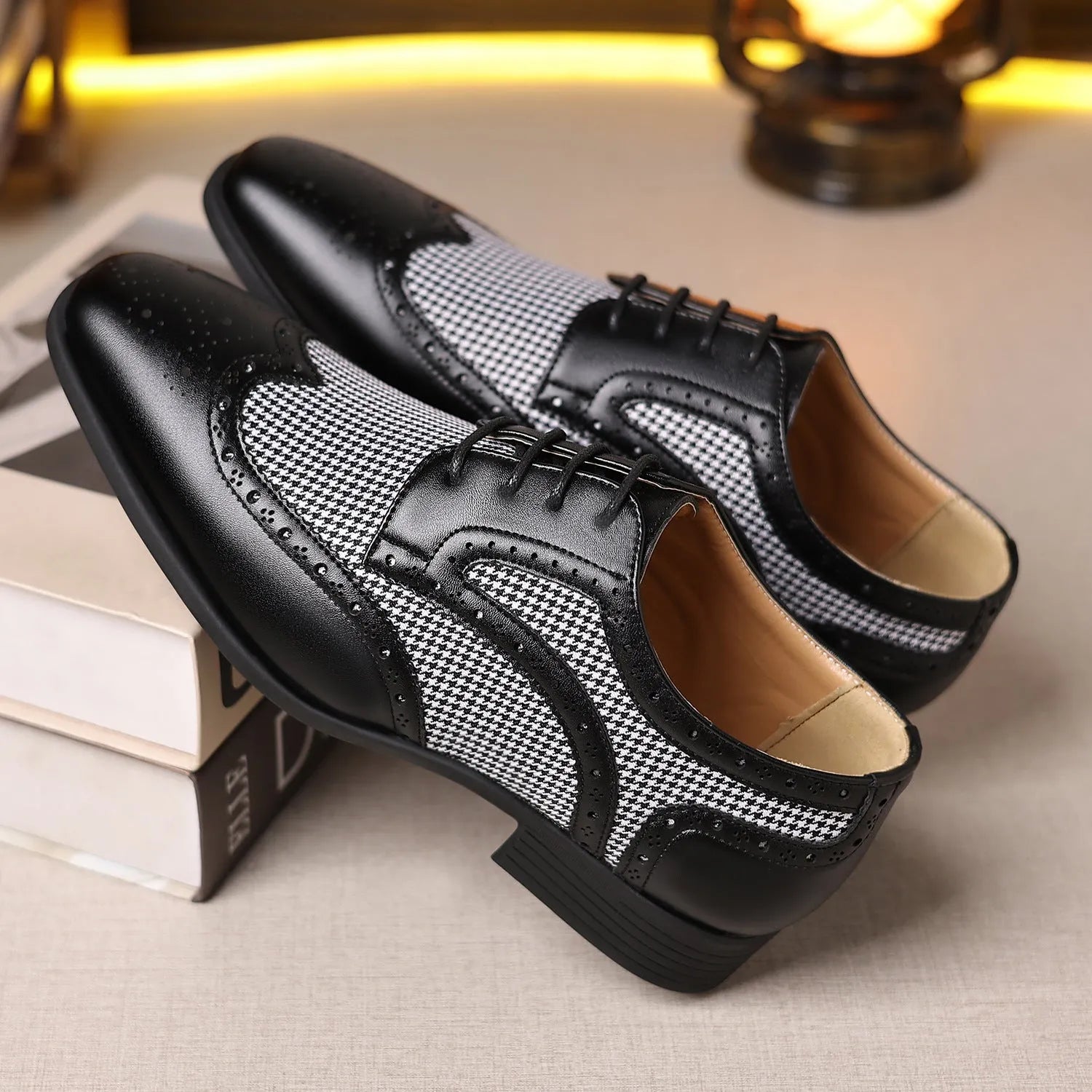 Men's black and white houndstooth plaid casual lace-up shoes with a square toe and rubber sole.