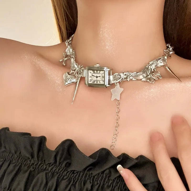 Dark electroplated women's cross necklace with multi-layer hemp flowers chain, adjustable 41-50cm