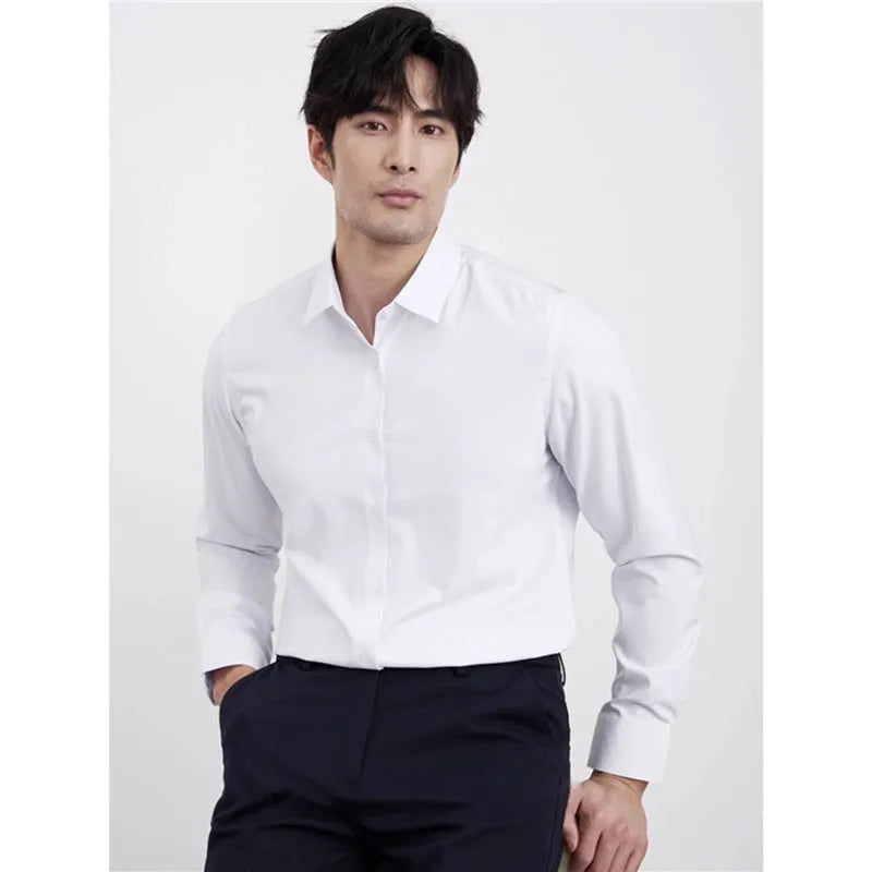 Men's wine red slim fit shirt with cardigan-style collar and long sleeves.