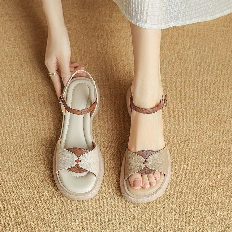 Women's khaki platform sandals with chunky heels and open toe design showing renewable leather uppers