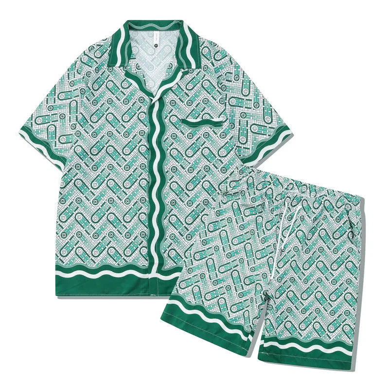 Plaid print beach outfit with short sleeve shirt and matching trousers on a mannequin