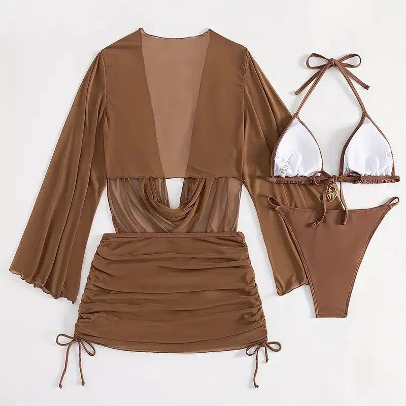 Dark brown women's lace-up bikini set on a mannequin, showing backless design