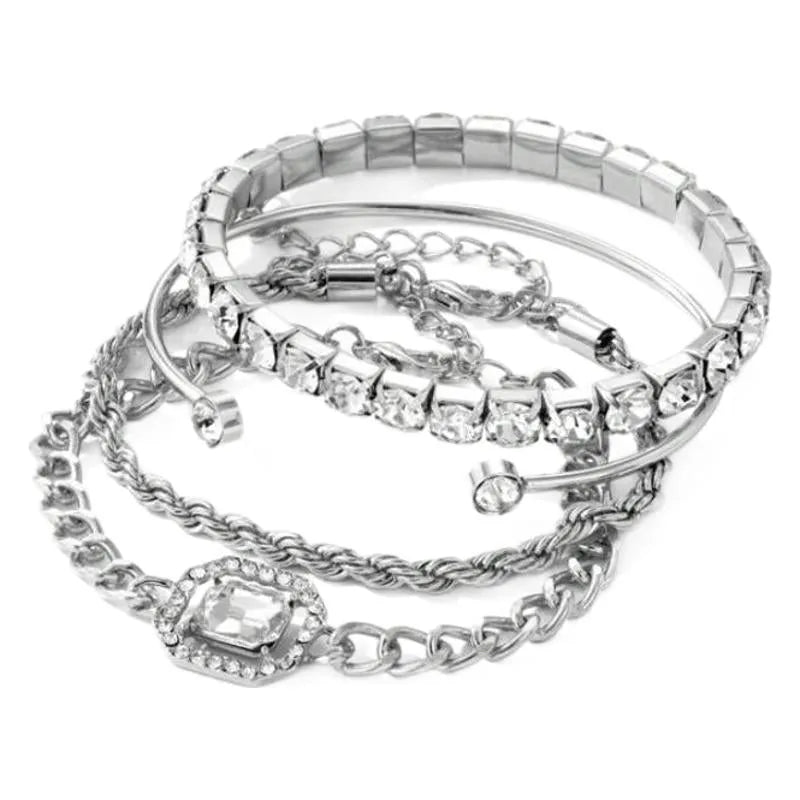 Women's retro geometric alloy bracelet set with square diamond charms and metal chain links