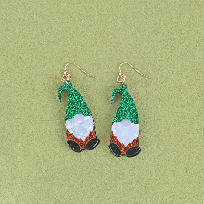 Santa Claus cartoon character acrylic fashion earrings in red, green, and mixed colour styles.