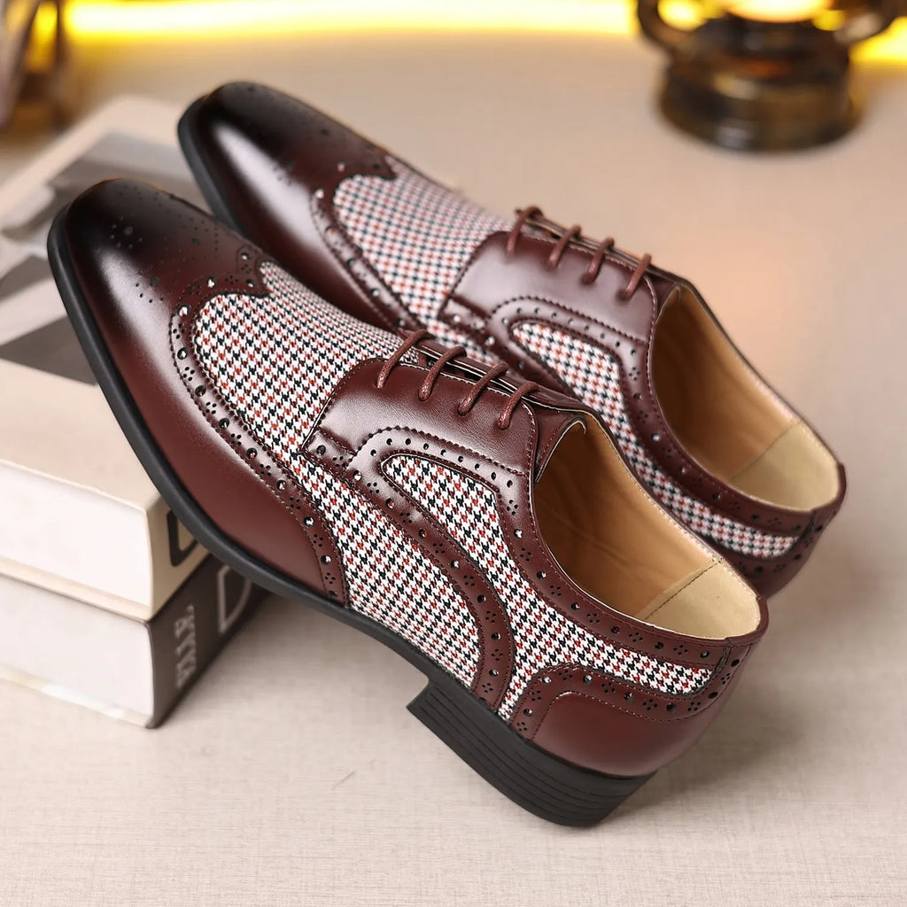 Men's black and white houndstooth plaid casual lace-up shoes with a square toe and rubber sole.