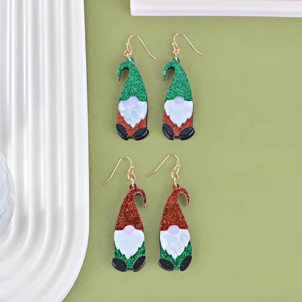 Santa Claus cartoon character acrylic fashion earrings in red, green, and mixed colour styles.