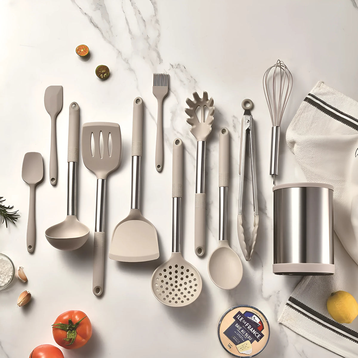 12-piece silicone kitchenware set with rotating storage bucket in black, including spatula, spoons and cooking utensils