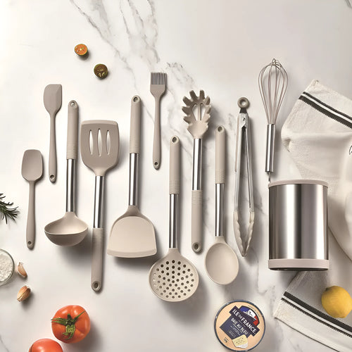 12-piece silicone kitchenware set with rotating storage bucket in black, including spatula, spoons and cooking utensils