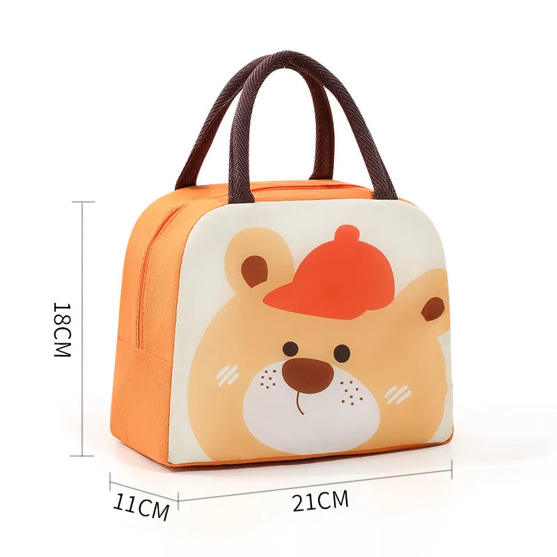 Children's insulated cartoon lunch box bag showing orange bear design with aluminium foil insulation