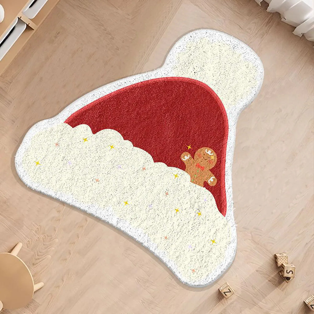 Round red and green Christmas floor mat with gingerbread man design on soft imitation cashmere fabric.