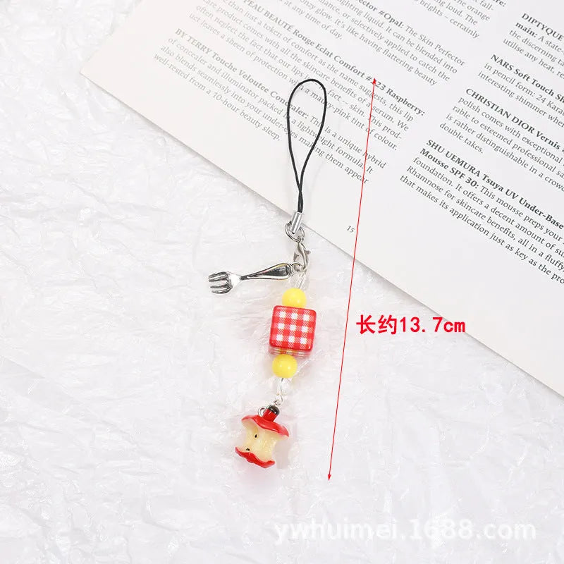 Plastic resin mobile phone keychain with fruit pattern including apple and strawberry designs