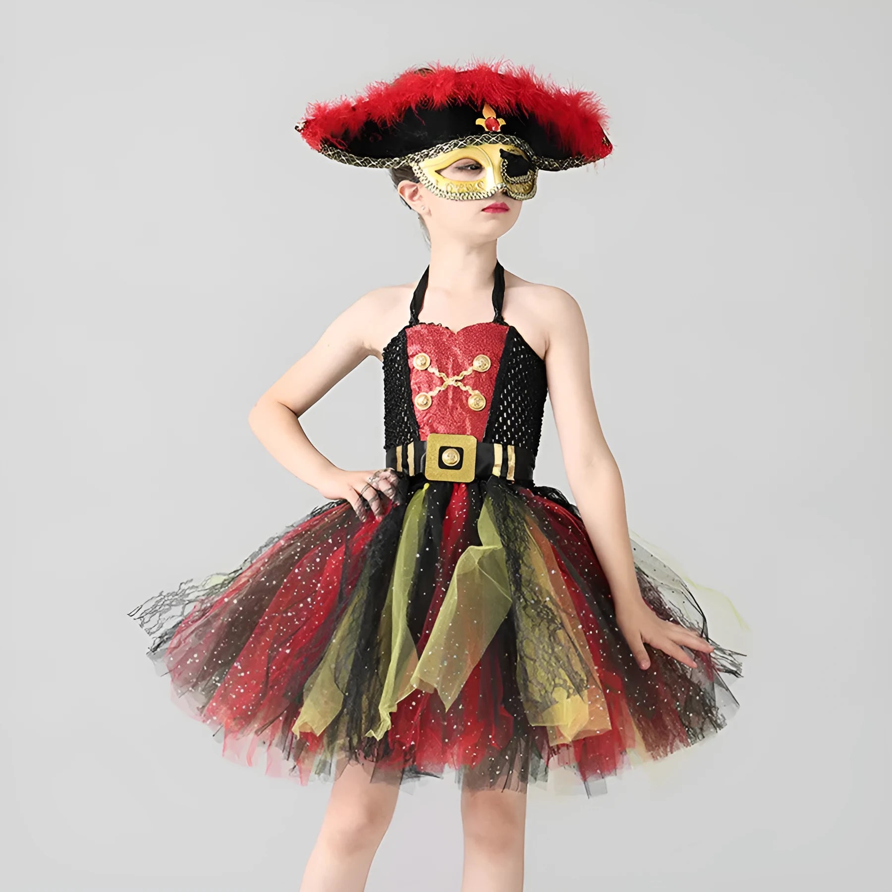 Girls pirate dress costume with sequins and mesh fabric panels, lace trim on sleeveless skirt