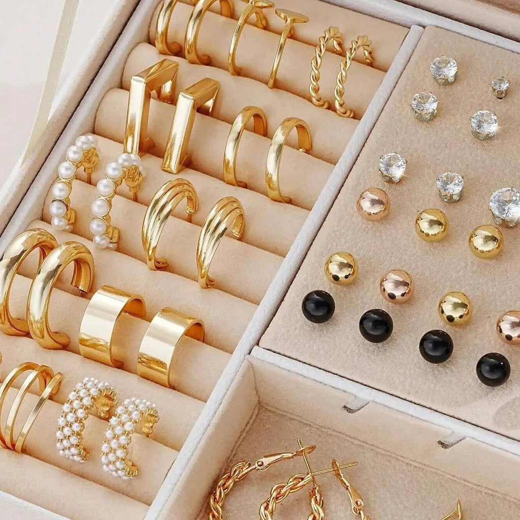 108-piece set of gold and yellow geometric and round alloy earrings for women.