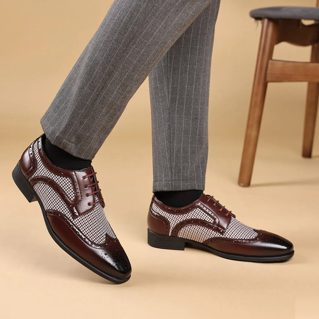 Men's black and white houndstooth plaid casual lace-up shoes with a square toe and rubber sole.