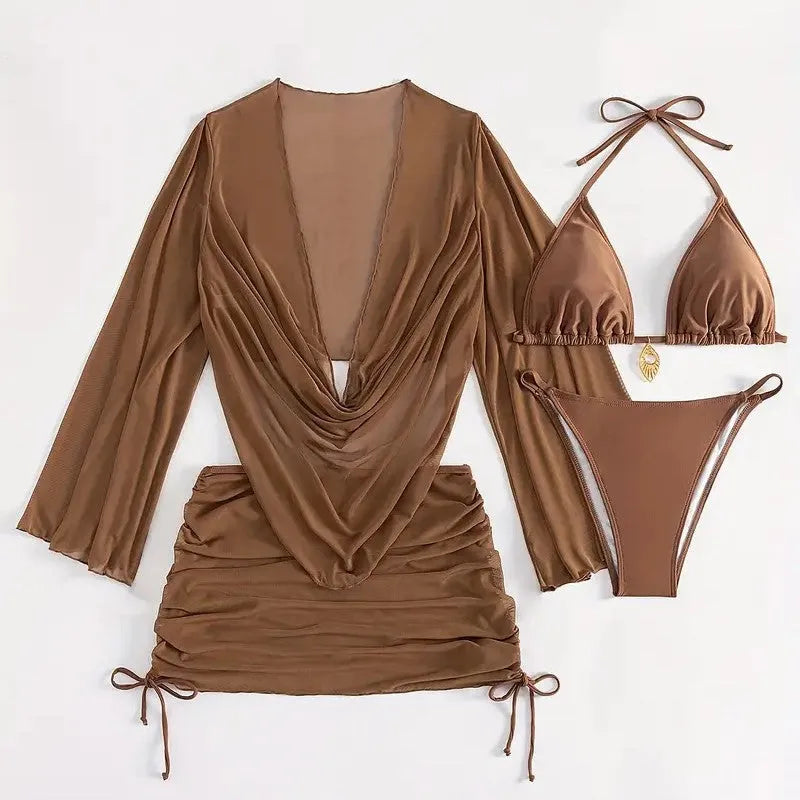 Dark brown women's lace-up bikini set on a mannequin, showing backless design