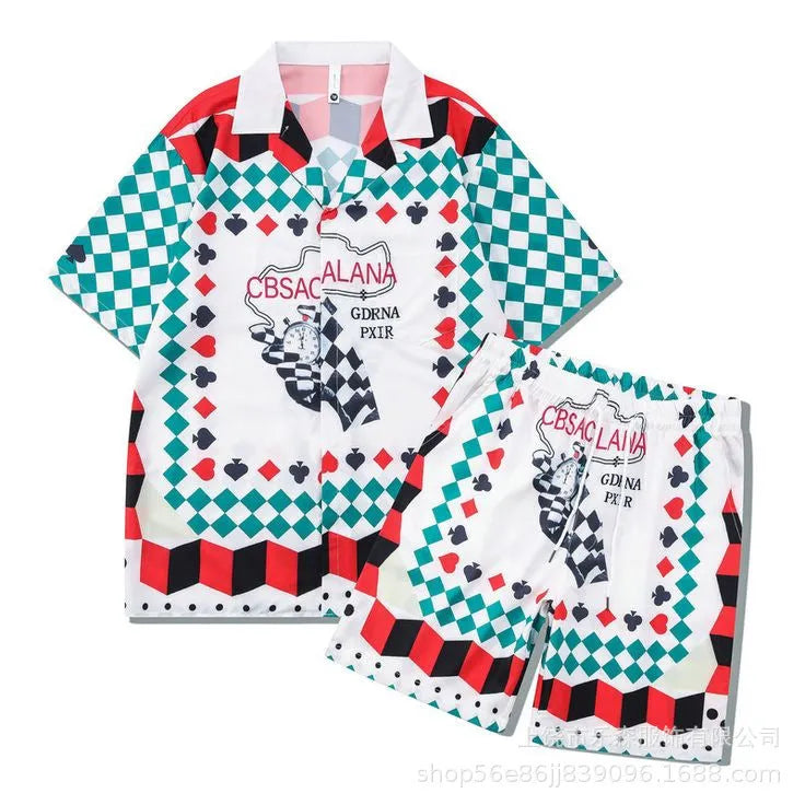 Plaid print beach outfit with short sleeve shirt and matching trousers on a mannequin