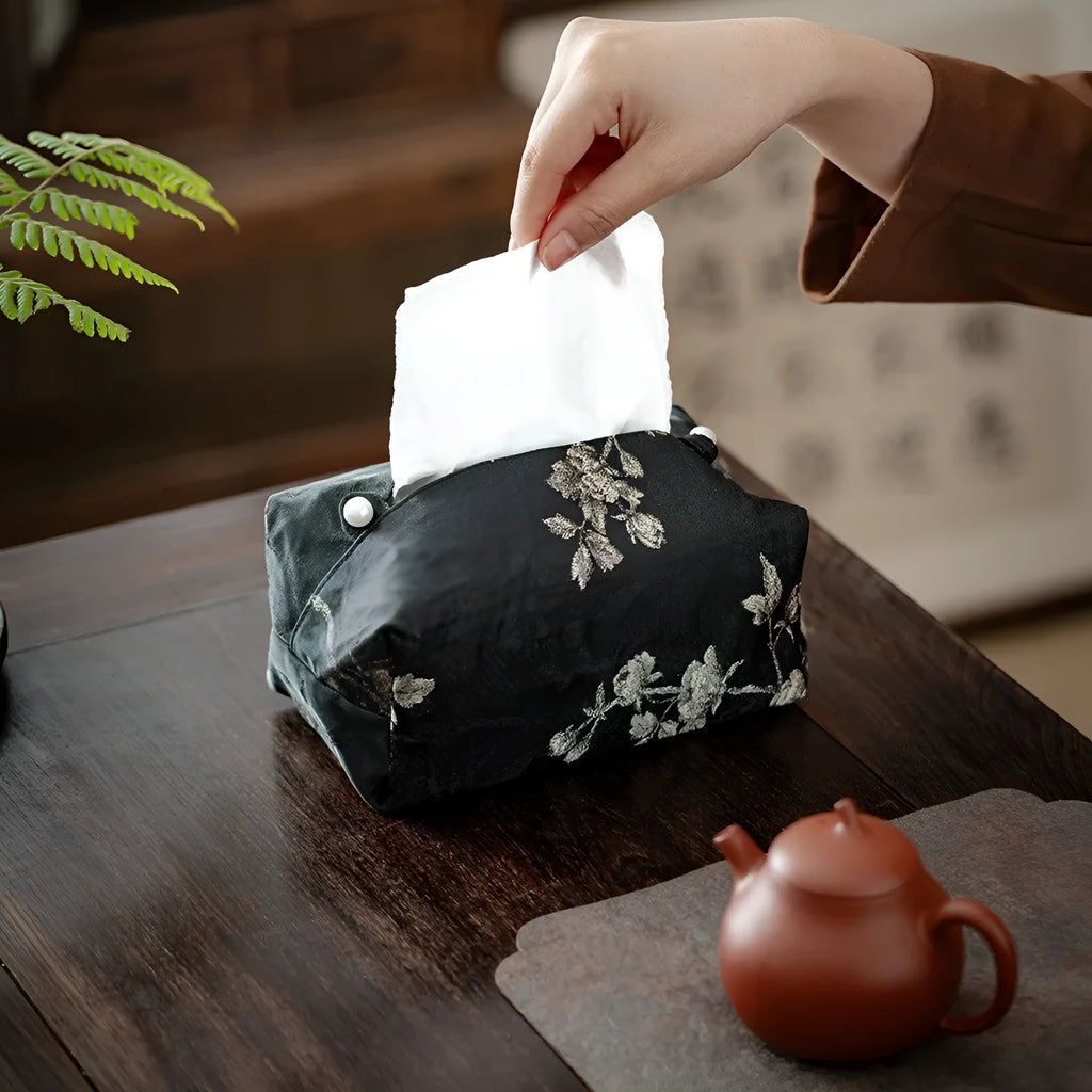 New Chinese style brocade fabric tissue box in embroidery white plum colour with optional pearl buckle