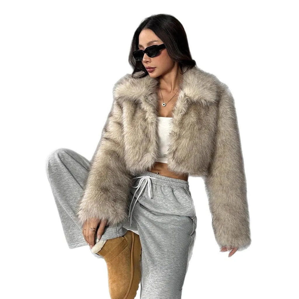Artificial fur coat with fur collar and long sleeves in multiple colour options