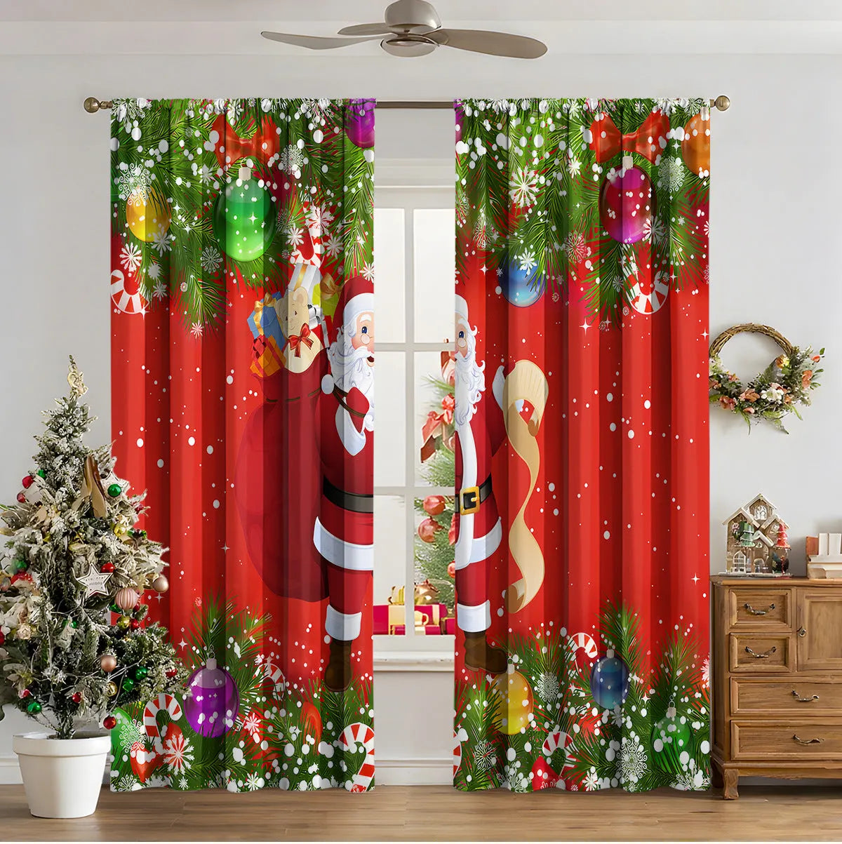 Pair of 3D digitally printed modern Christmas curtains hanging on a window.