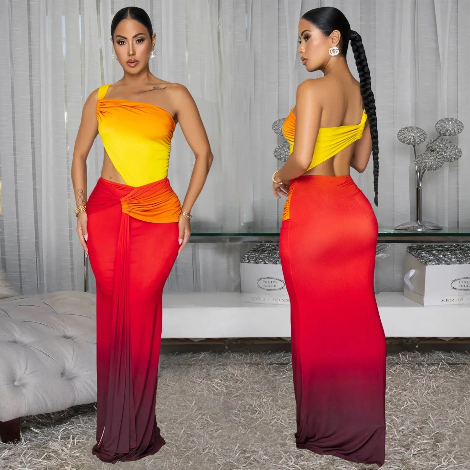 Women's gradient colour cross-shoulder long summer dress on a model, showing the oblique shoulder and one-step skirt design.