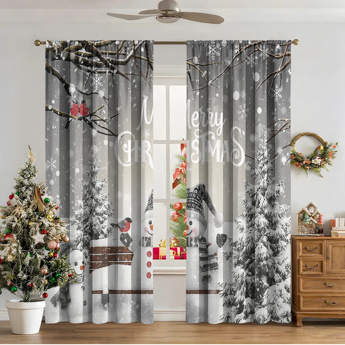 Pair of 3D digitally printed modern Christmas curtains hanging on a window.