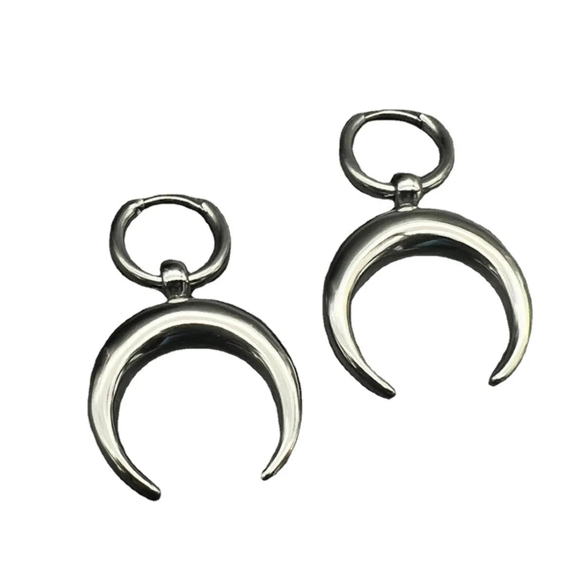 Silver gothic moon hoop earrings with geometric punk design and ear clip fastening