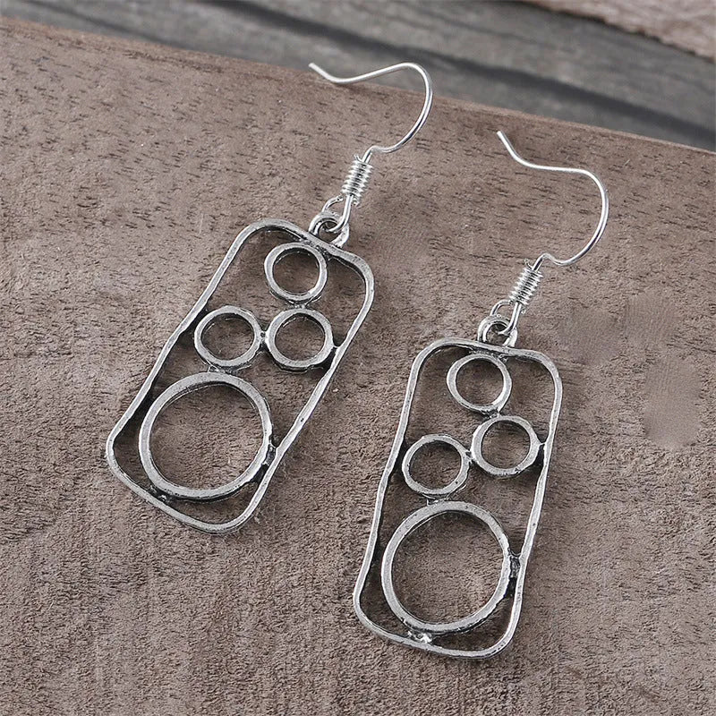 Geometric round ring earrings with irregular square details in antique silver zinc alloy