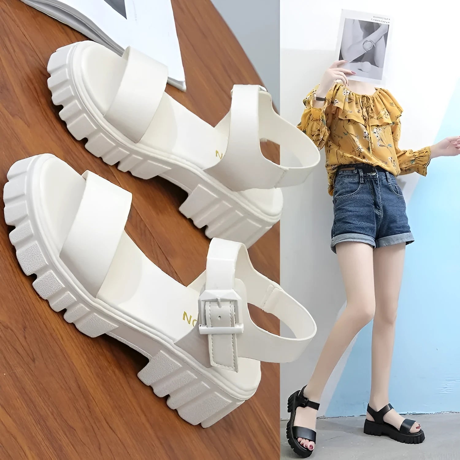 Women's beige peep toe platform sandals with ankle-strap buckle and fish mouth toe design