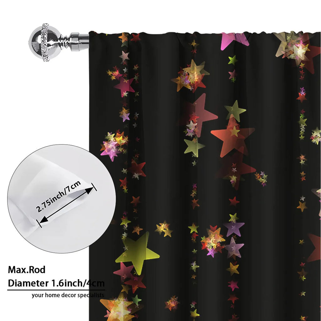 A pair of 3D digitally printed Christmas theme curtains hanging on a window, showcasing one of fifteen available European colour and pattern styles.