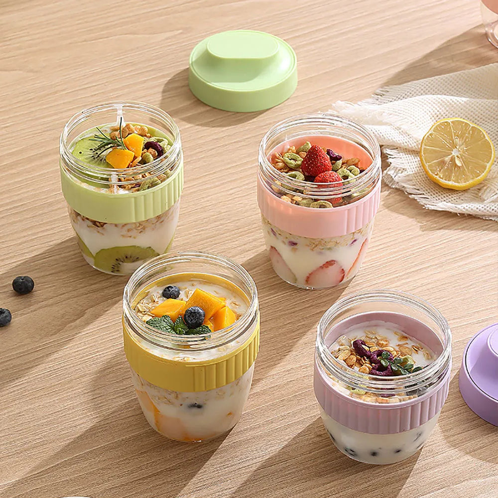 Plastic breakfast salad cup with lid and spoon in green, purple, pink or white colour